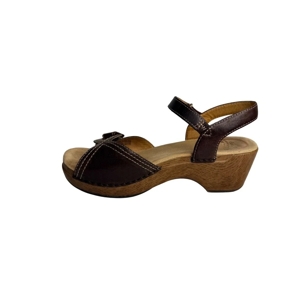 Dansko Womens Sara Brown Leather Wedge Sandals Clogs 37 Comfort Wooden Chunky